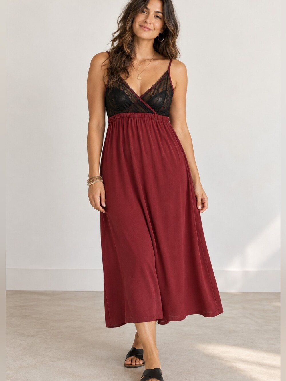 Alembika Midi Slip Dress Medium Burgundy Knit Sheer Black Lace Bust Empire Waist